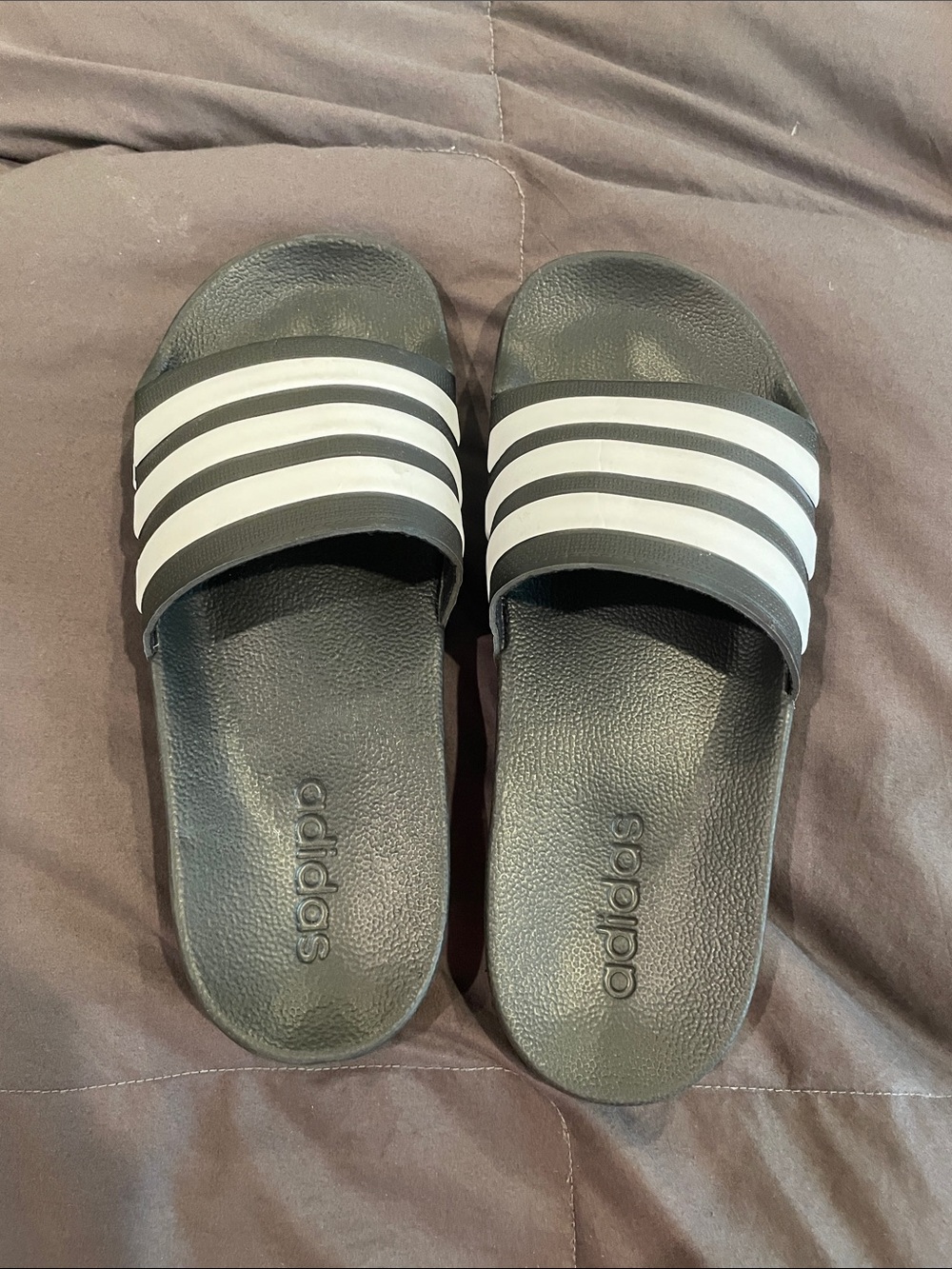 adidas Black Slides with White Three-Stripe Strap